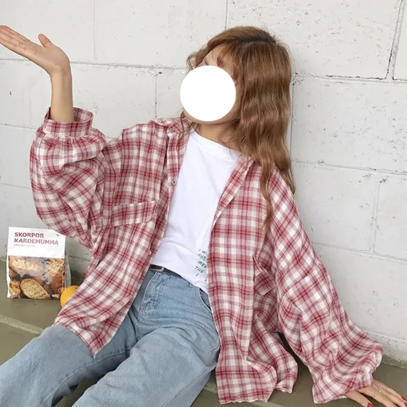 

Loose Plaid Single Breasted Shirt Woman Korean Fashion Bat Sleeve Thin Shirts Woman's Casual Cardigan Lapel Shirt Women 2021
