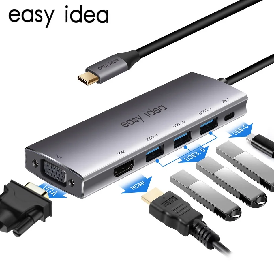 

USB C Hub Type C 3.1 Adapter Splitter Multi USB 3.0 HDMI VGA RJ45 Port Multiple USB-C Hab Expander USB C Dock For Macbook Pro