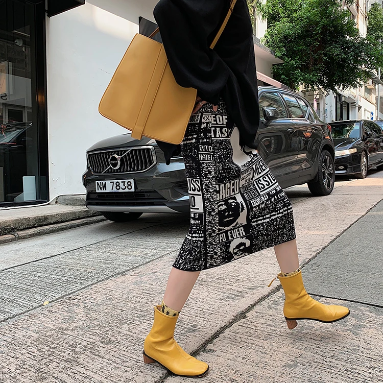 

Knee Length Warm Ladies Skirt Streetwear Wrap Sweater Skirt Women Winter Knitted Elastic High Waist