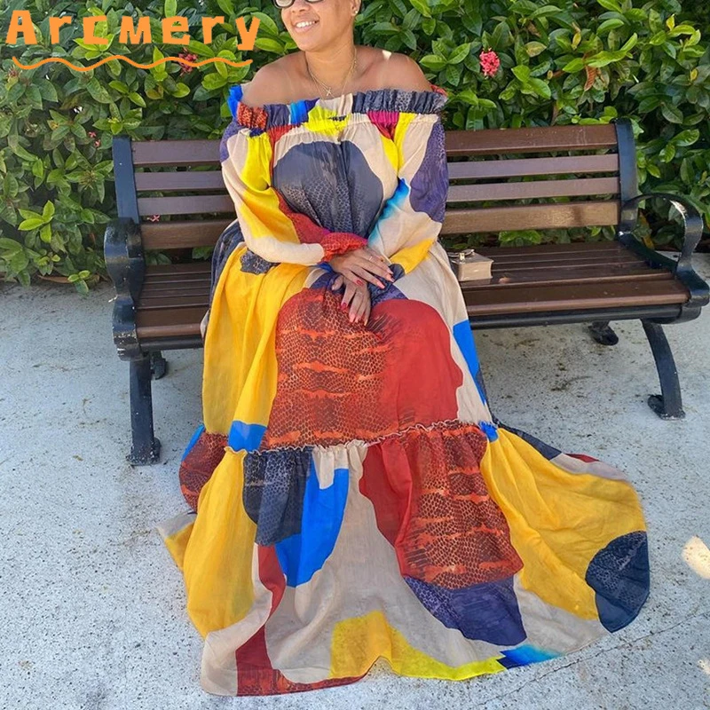 

Women Plus Size Oversize Long Sleeve Off Shoulder Printed Maxi Loose Dress