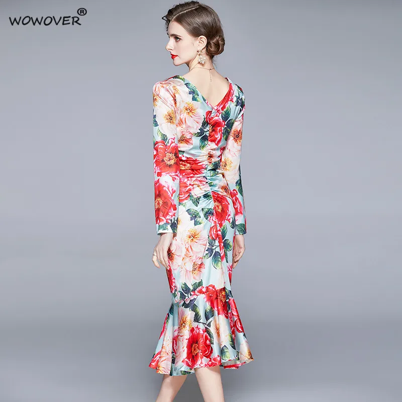 

Runway Designers Spring Elegant Long Sleeve Floral Print Women Midi Celebrity Party Trumpet Dress Vintage Female Vestidos