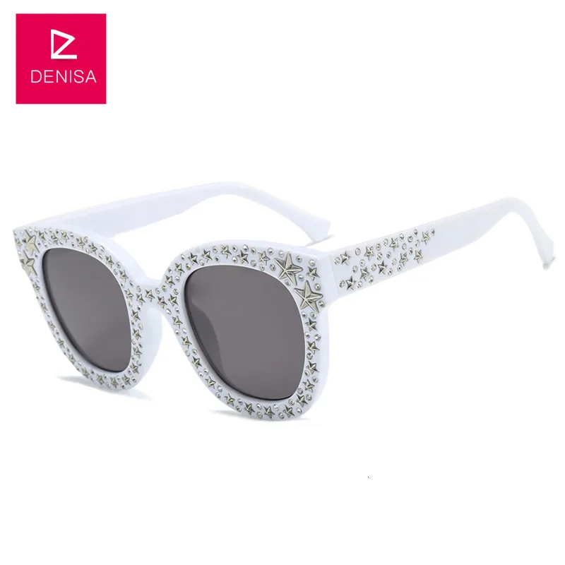 White Gray DENISA Star шипованные кошачий глаз солнцезащитные очки женские модные черные солнцезащитные очки с серебряными звездами женские солнцезащитные очки Роскошные очки G5700 - Цвет линз: White Gray