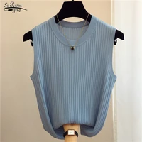 summer new fashion female sleeveless casual thin tops ice silk knitted vests women tops o neck solid tank white black tops 13687