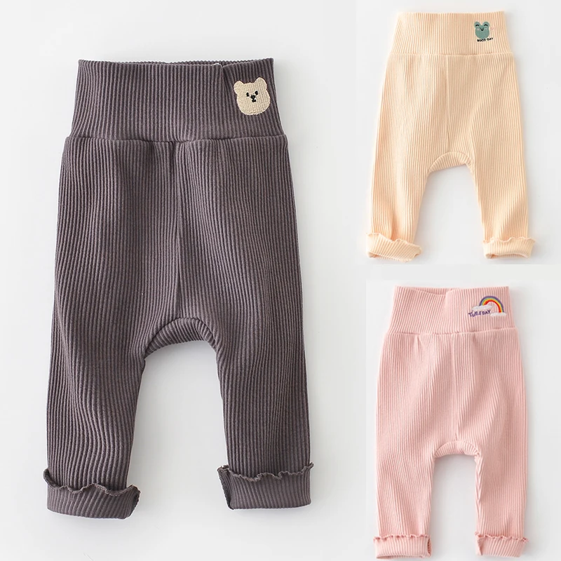

2022 Newborn Baby Girls Pants Cartoon Embroidery High Wasit Outfits Children Boy Ribbed LeggingsTight Casual PP Trousers Clothes