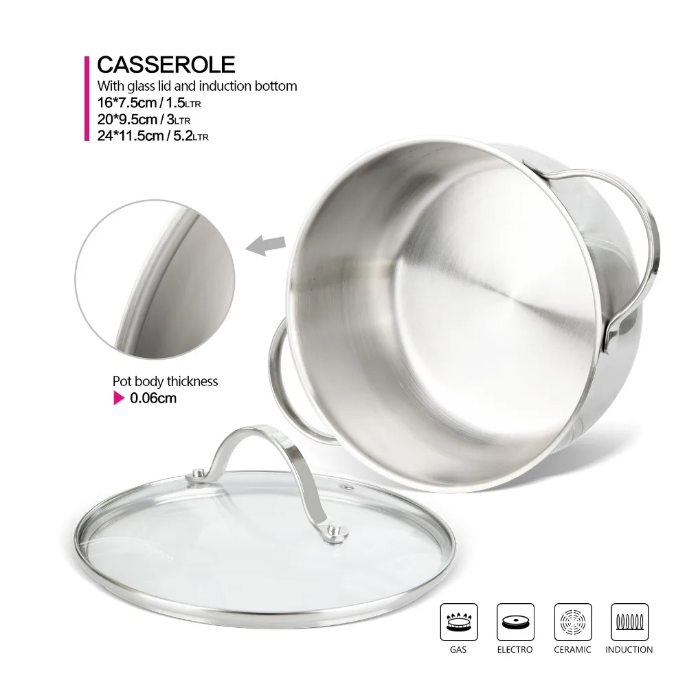 Gabriela серии наборы посуды из нержавеющей стали с 1.5L Saucepan-1.5L Casserole-3.0L Saucepot-5.1L кастрюля
