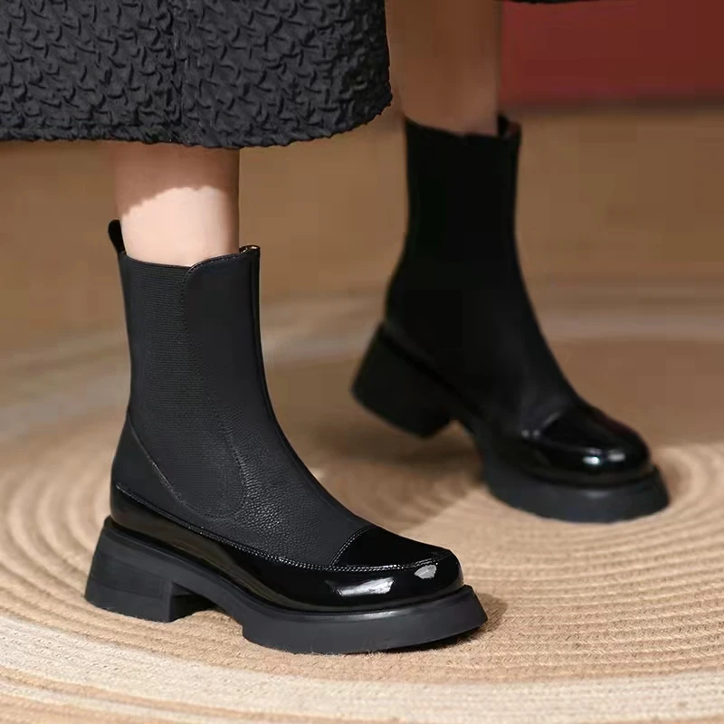 

Autumn and winter new style short boots women round toe thick bottom stitching elastic boots middle tube Martin boots women
