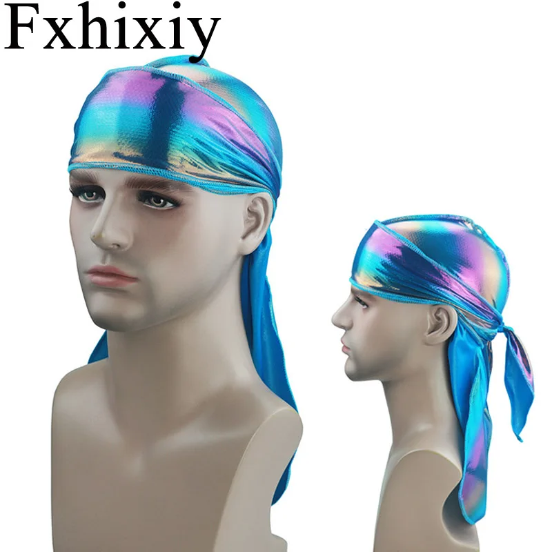 

New Colorful Long DU-RAG Turban Bandanas Men's Laser Satin Silky Durag hip hop Headwrap Durag do doo Rag Pirate Hat