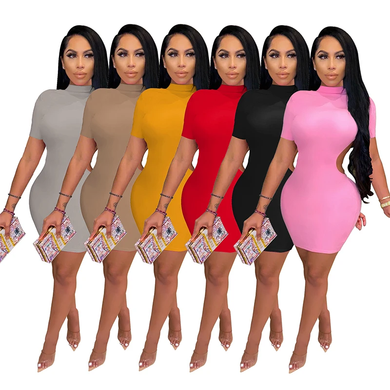 

2021 New Arrival Summer Short Sleeve Dress Sexy Backless Turtleneck Casual Short Dress Party Mini Package Hip Dress S-XXL