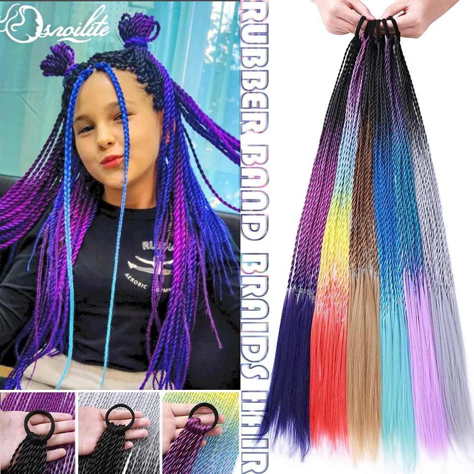 

S-noilite 24inch Girls Cute Elastic Hair Rope Rubber Bands Braided Hair Synthetic Ponytail Hair Braid With Rubber Band Hair Ring