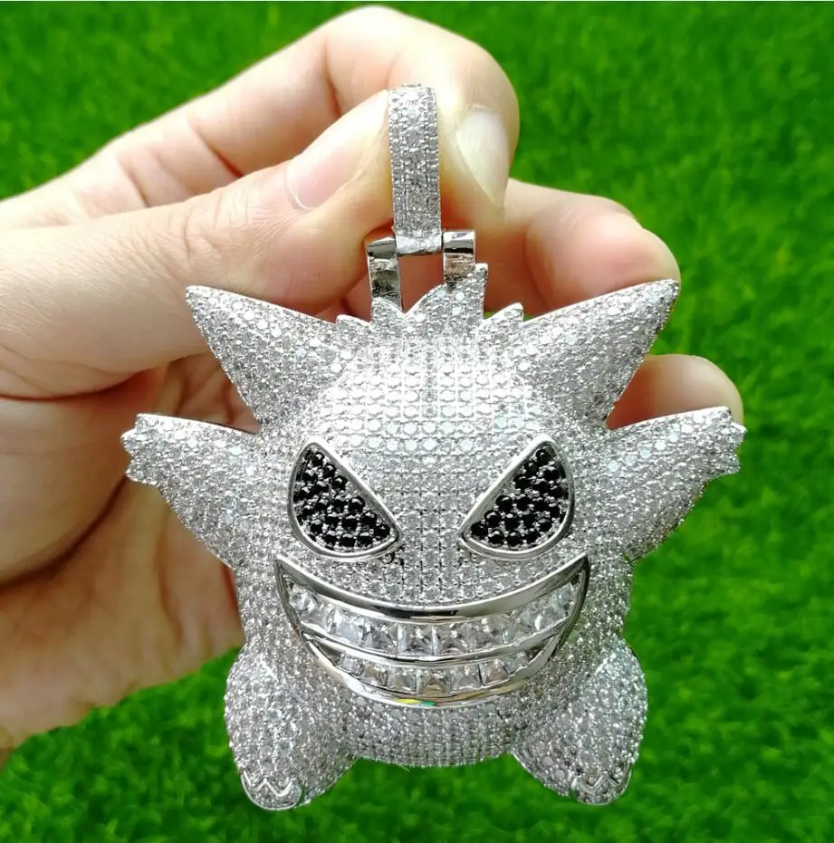 sliver color Large Size Brass CZ evil spirit Pendant Hip Hop Necklace Men Women Jewelry Iced Out CN502 - Metal Color: sliver color