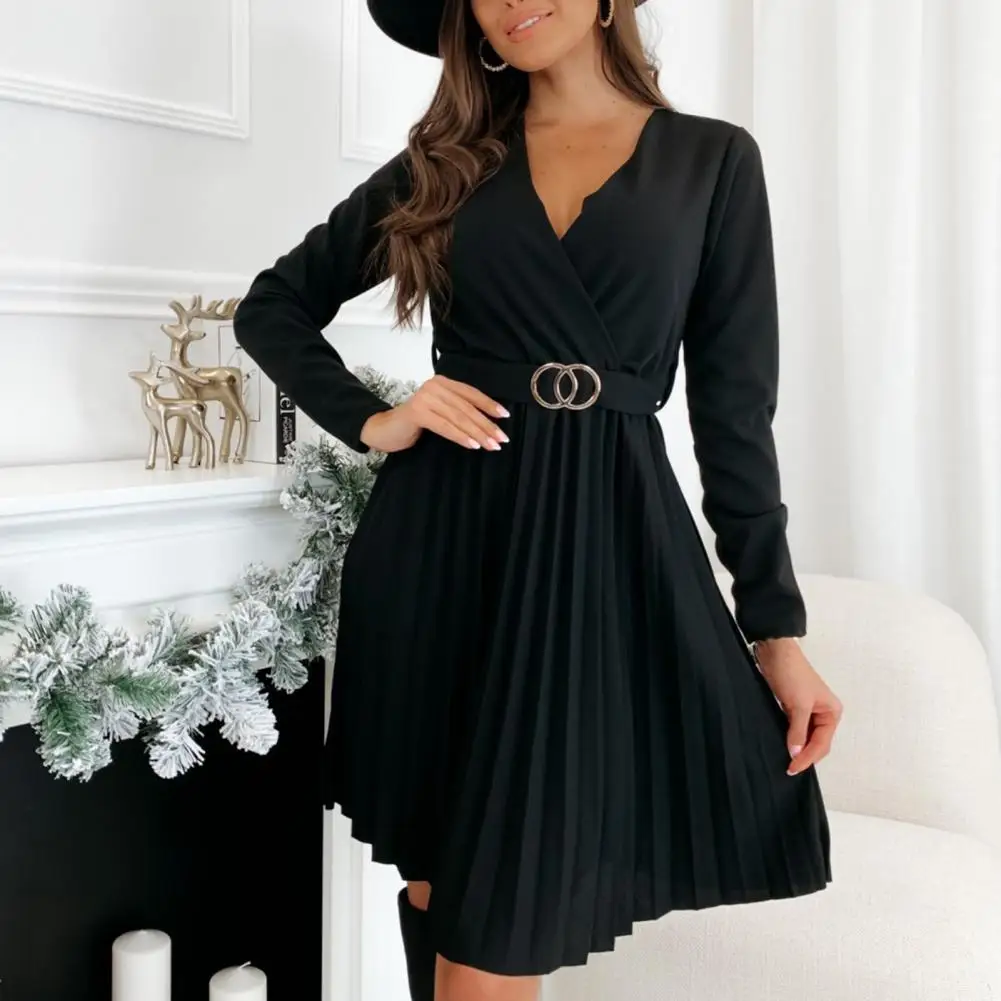 

V Neck Fashion Fine Stitching Women Party Dress Long Sleeve Belt Party Dress Soft for Banquet