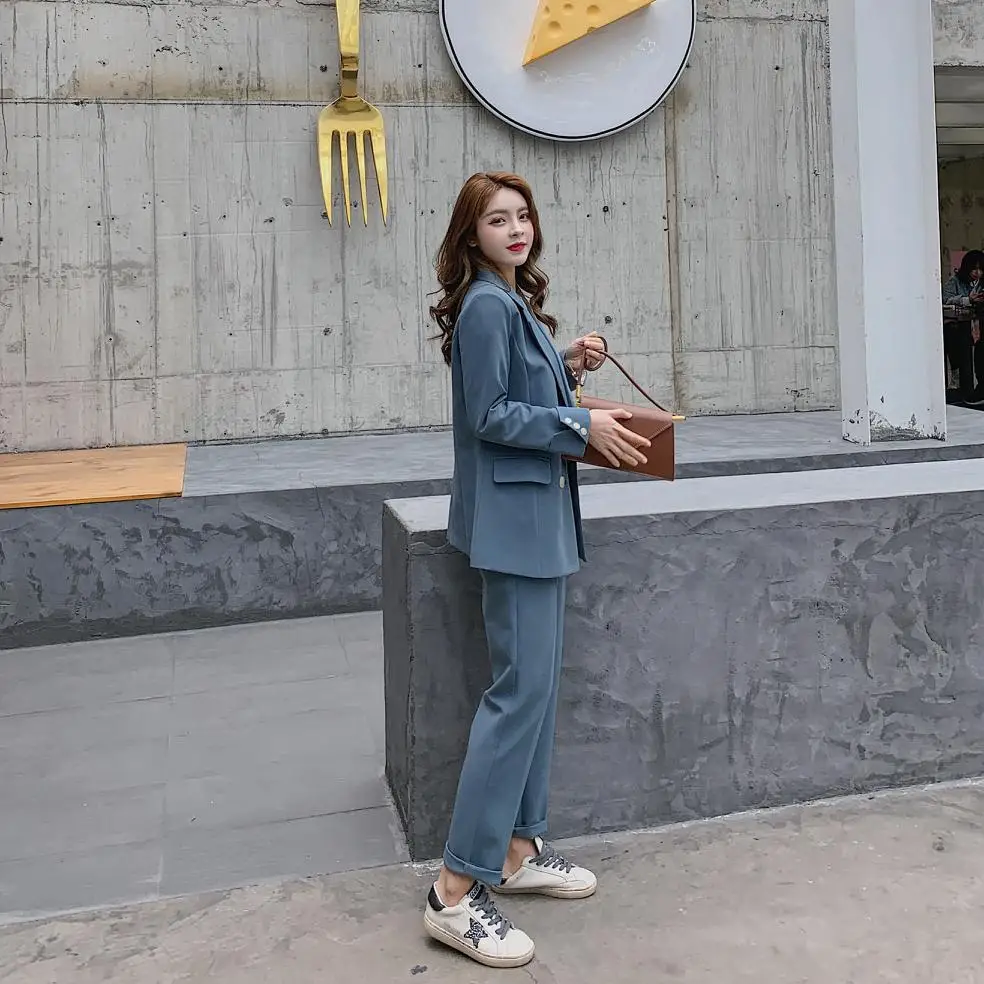 Повседневный Однотонный женский брючный костюм блейзер с отложным воротником и
