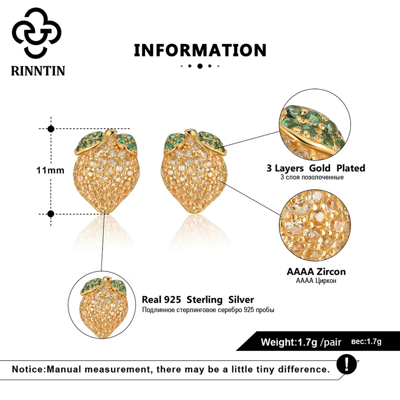 

Rinntin Real 925 Sterling Silver Stud Earrings Gold Plated Fruits Shape AAAA Zircon Lemon Fashionable Female Earring TEQE17