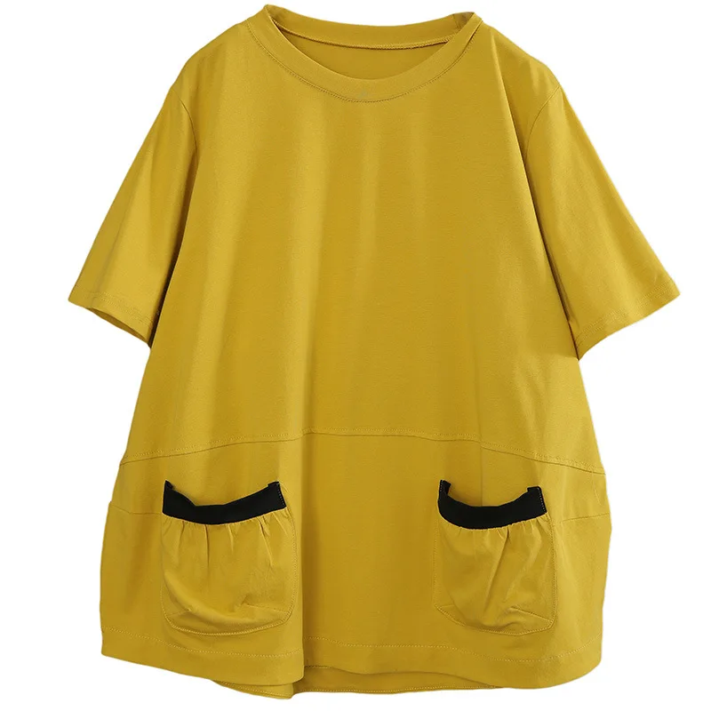 

Max LuLu 2021 Summer New Design Ladies Solid Color Yellow T-shirts Womens O-Neck Spliced Short Sleeve Tees Female Pockets Tops