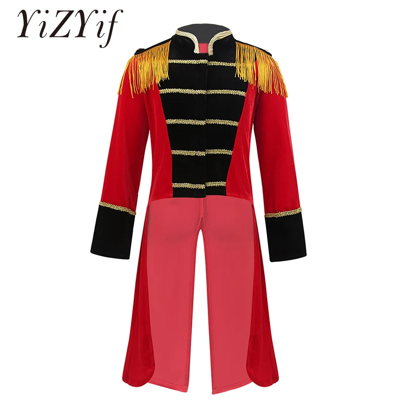

Kids Ringmaster Circus Jacket Long Sleeves Fringes Gold Trimmings Tailcoat Boys Halloween Showman Clown Cosplay Party Costume