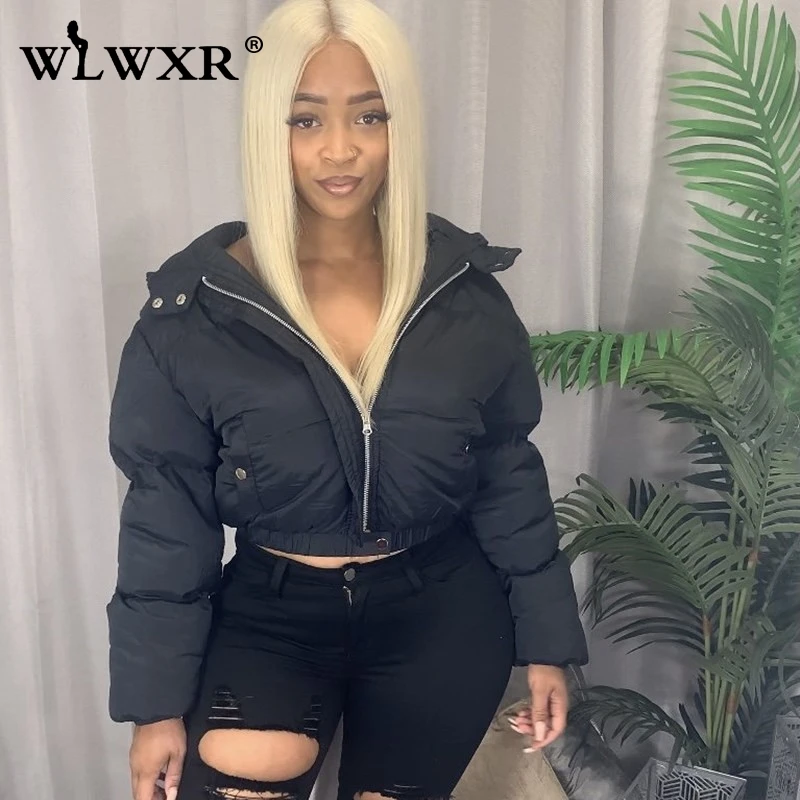 WLWXR зимняя черная укороченная куртка-пуховик с капюшоном Женская однотонная