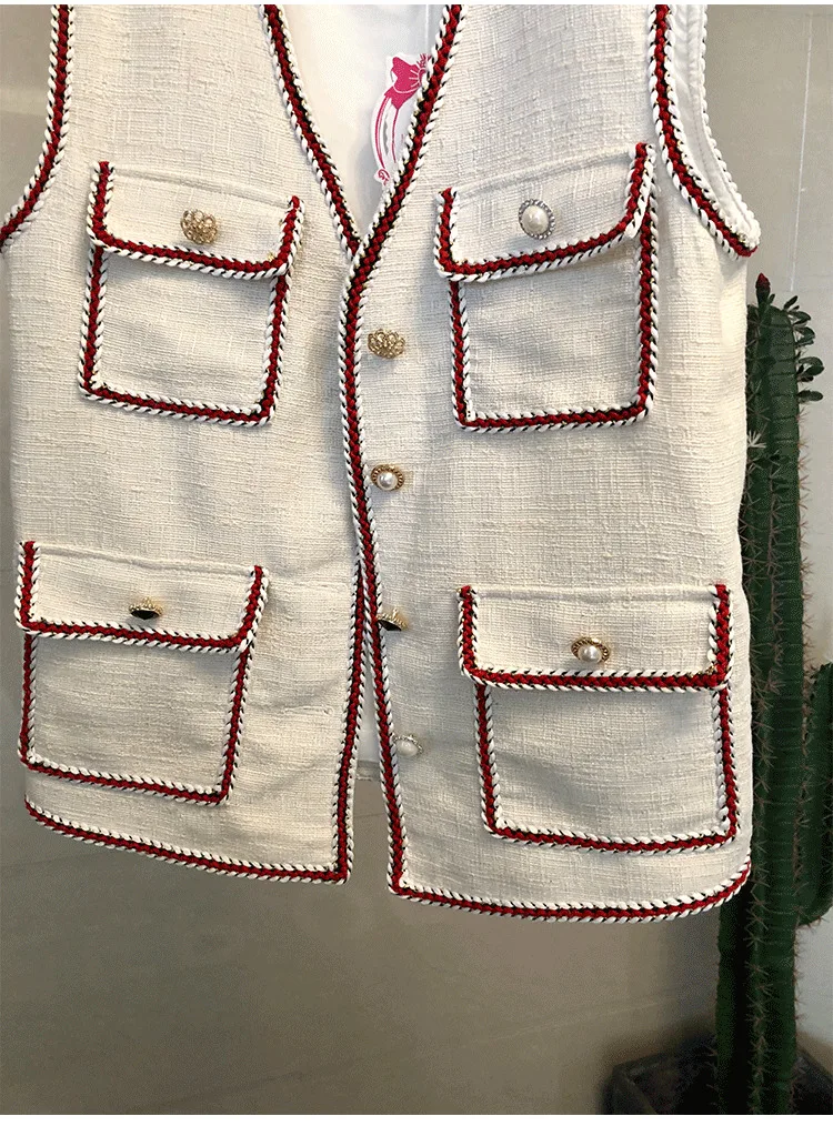 

2019 Autumn Winter New Tweed Jacket Women Fashion Elegant Sleeveless Button Decoration Weave Slim V-neck Short Coats Outerwear