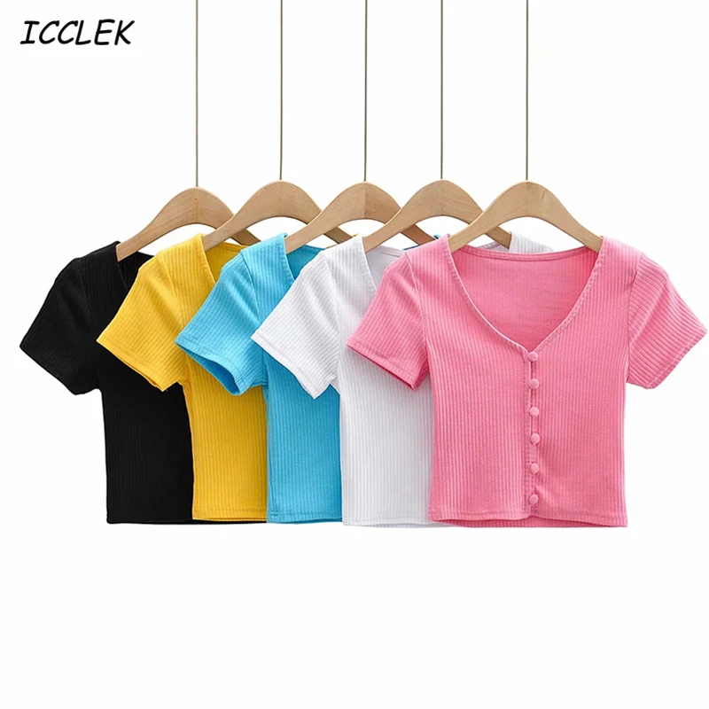 

Women's T-shirt V-neck Knitted Crop Top Za2020 Summer Button Pullovers Female Casual Girls Tops Mujer Jersey Pink Solid Tee Fall
