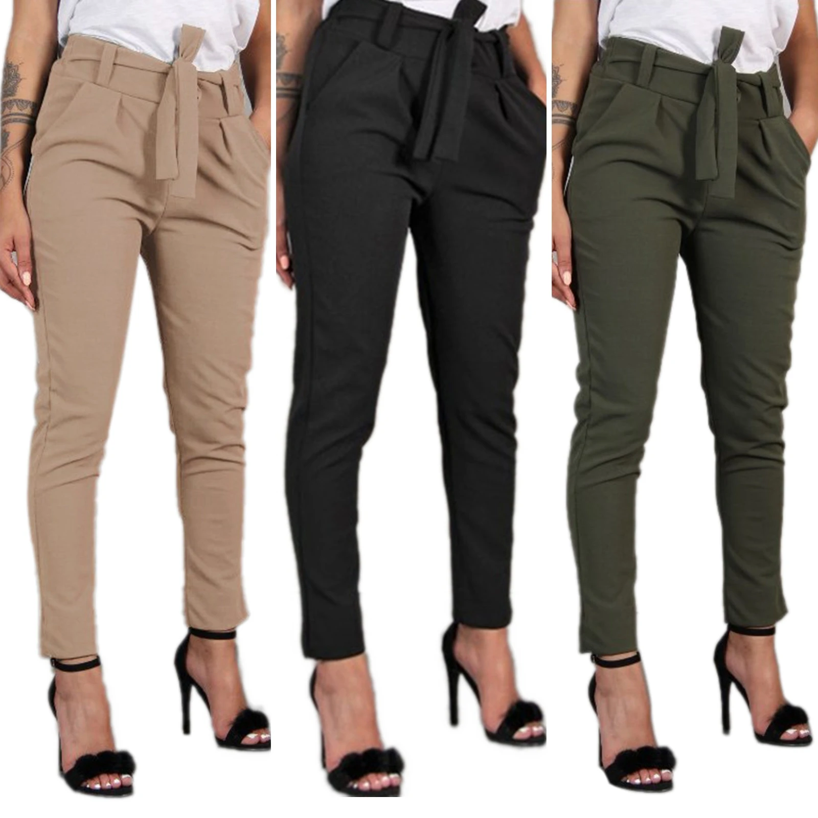 

Women's Solid Pencil Pants 2020 Autumn Solid High Waist Slim Lacing Bottoms Trousers Leggings Elegant Officewear Meeting Pants