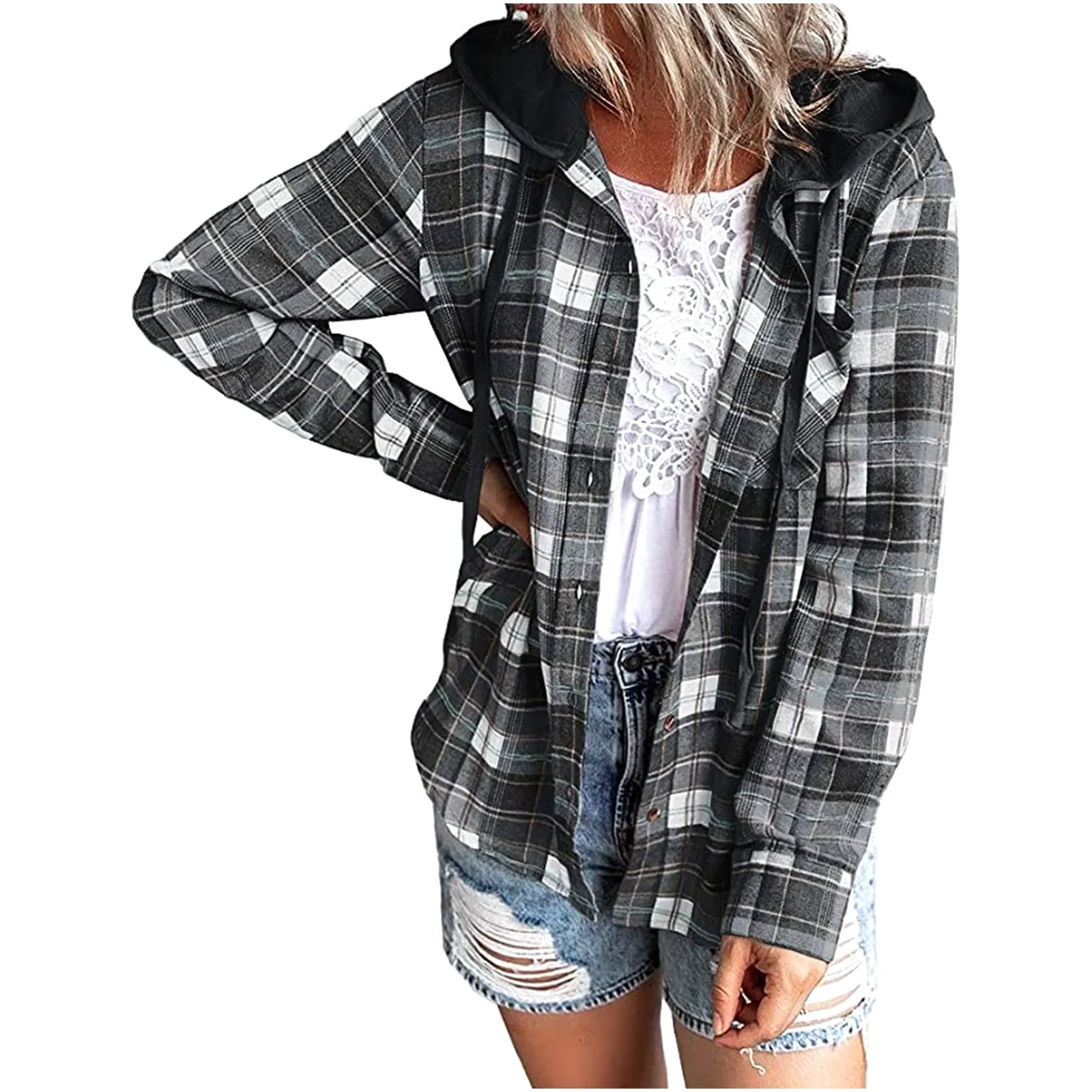 

Women's Long Sleeve Plaid Hooded Drawstring Single Breasted Cardigan Coat куртка женская осень veste femme Autumn Clothes Women