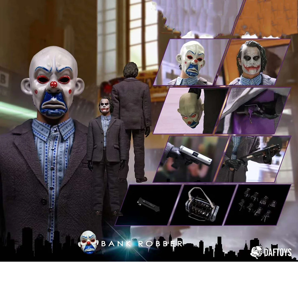 

In Stock 1/6 Scale F02 Heath Ledger Joker Clown Mask Bank Robber Suit Costume Head Sculpture*2 Pistol Model Full Set Soldier