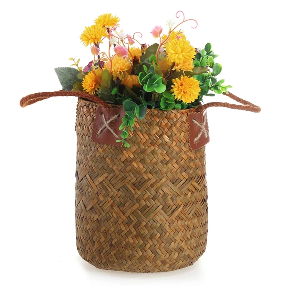

2Pc Seagrass Woven Basket Handmade Bamboo Storage Basket Garden Flower Pot Laundry Basket Container Toy Holder Household Storage