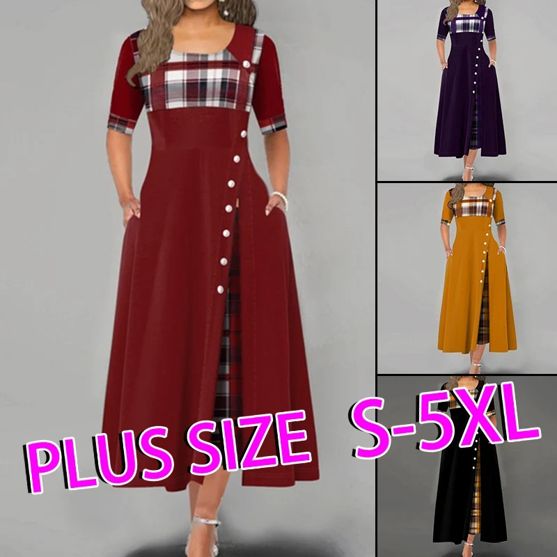 

Maxi Dress For Women Plaid Print Casual Summer Button Half Sleeve женское плат Plus Size Elegant Dresses Long Vestidos Female