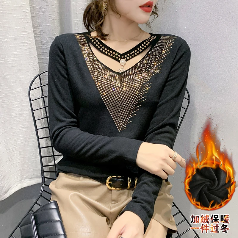 

Winter European Clothes T-Shirt Sexy V-Neck Hollow Out Shiny Dimonds Women Tops With Fleece Brushed Cotton Tees