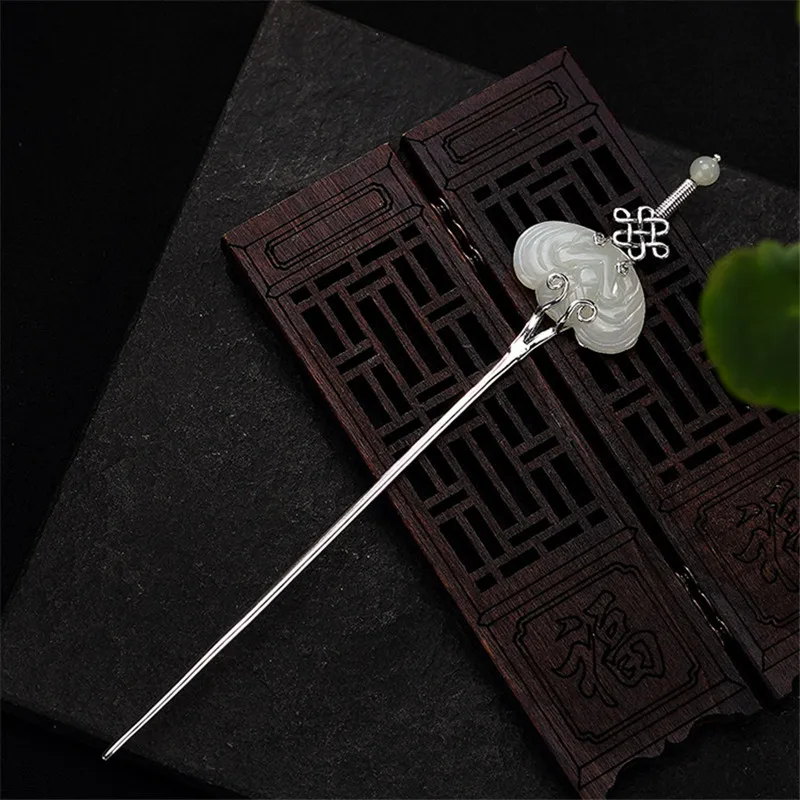 925 Sterling Silver Hair Stick Jade Chinese Ancient Sword Hair Accessory Sticks Women Hairpin Luxury Fine Jewelry Vintage
