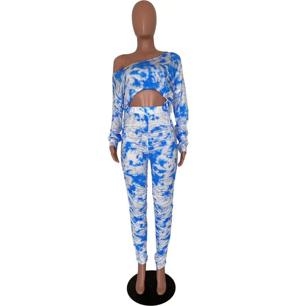 

New fashion tie-dye printed casual ladies suit sexy diagonal collar long sleeve shirt and trousers two-piece suit