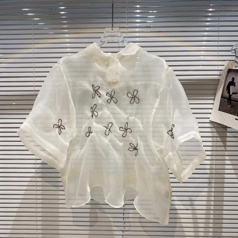 

Rhinestone Flower Fold Design Perspective Sun Screen Shirt Women 2021 Summer New Fashionable Tops