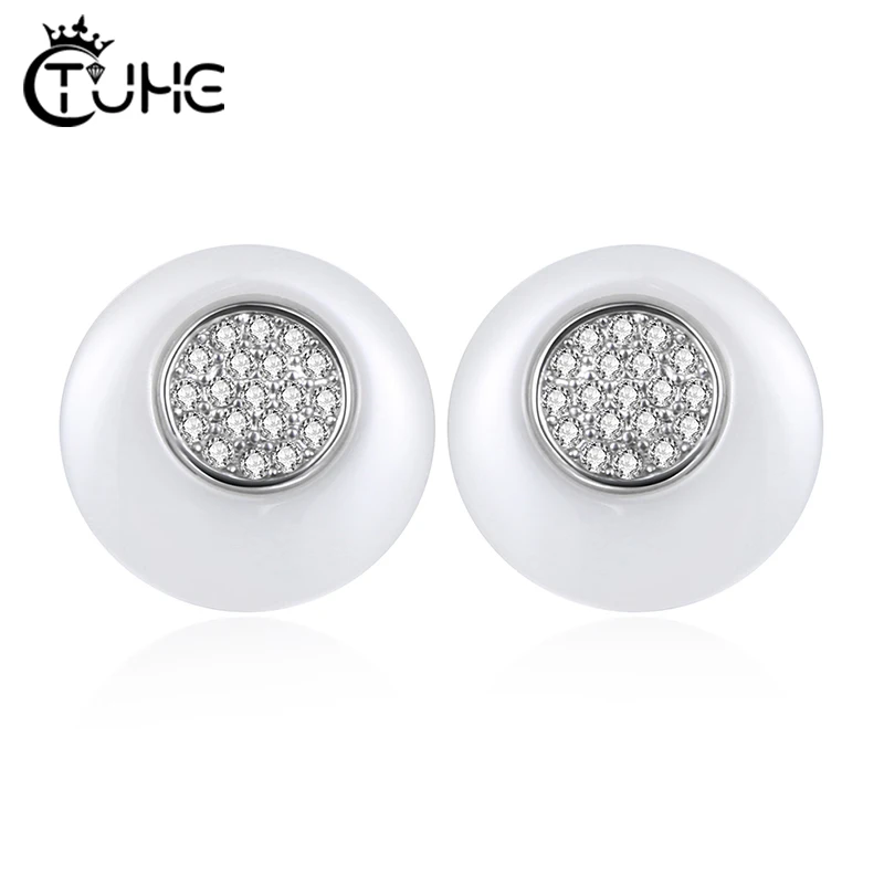 Женские круглые серьги гвоздики из керамики белого и черного цвета ювелирные