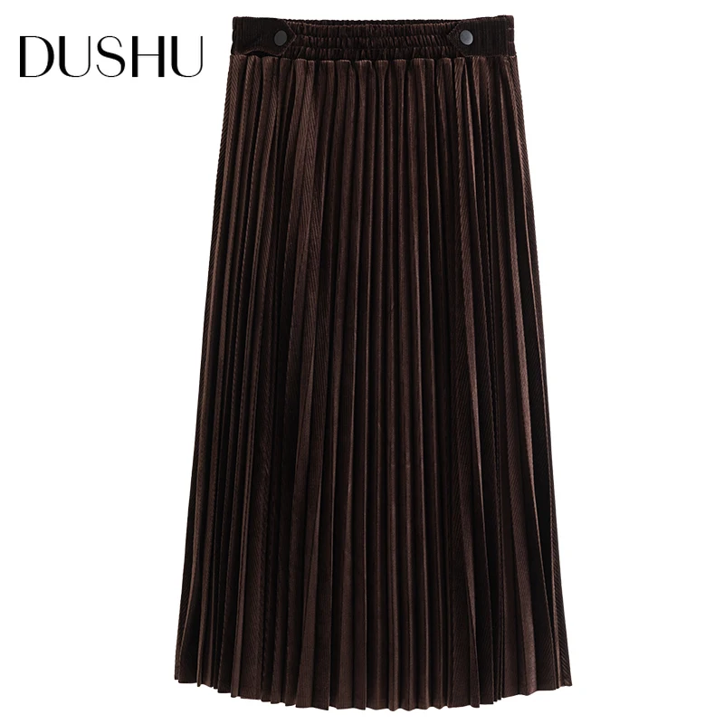 

DUSHU Plus size velvet long pleated skirt Women elegant loose high waist skirt Female spring loose vintage knitted a-line skirt