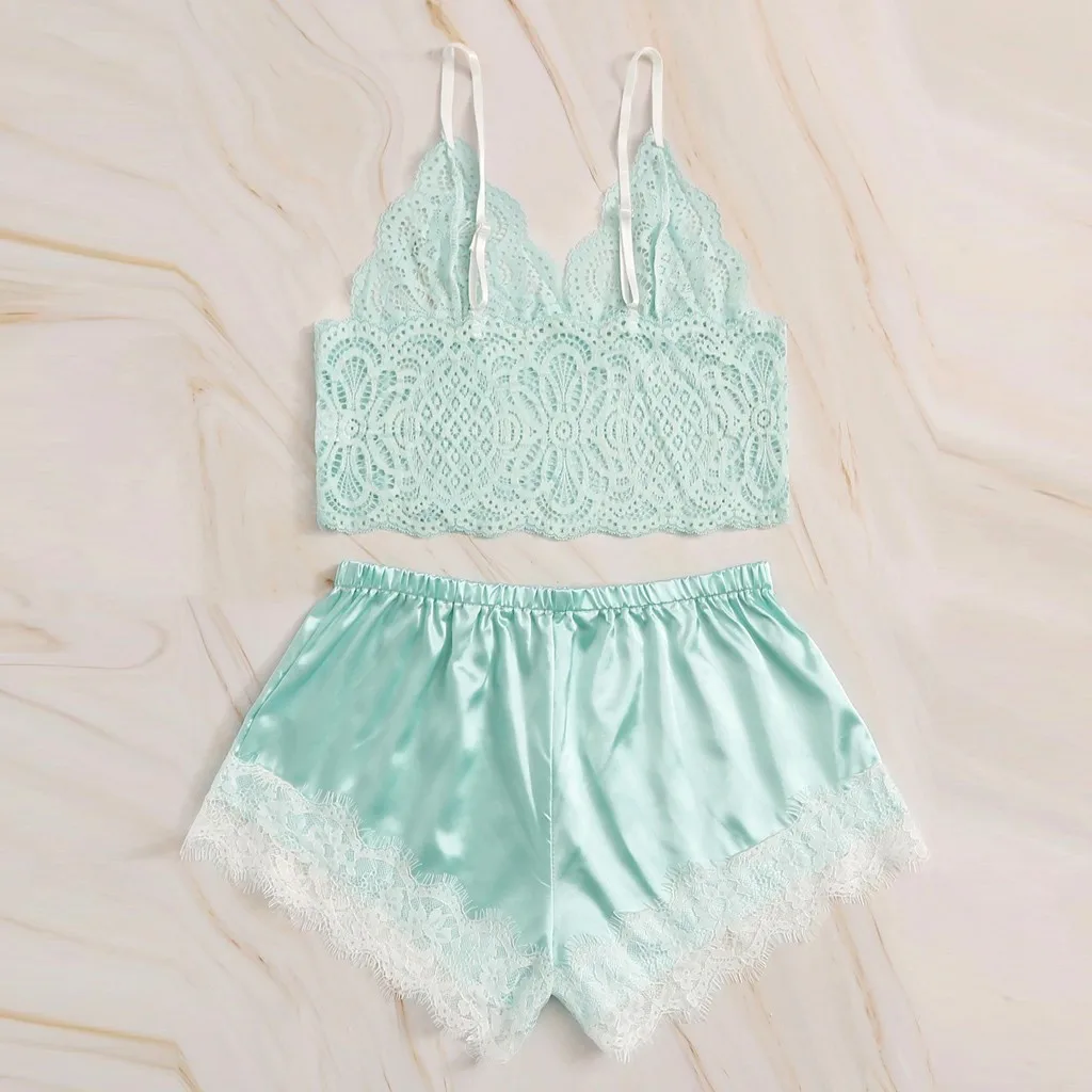 Для женщин комплект нижнего белья из кружева с v образным вырезом атласная ночная