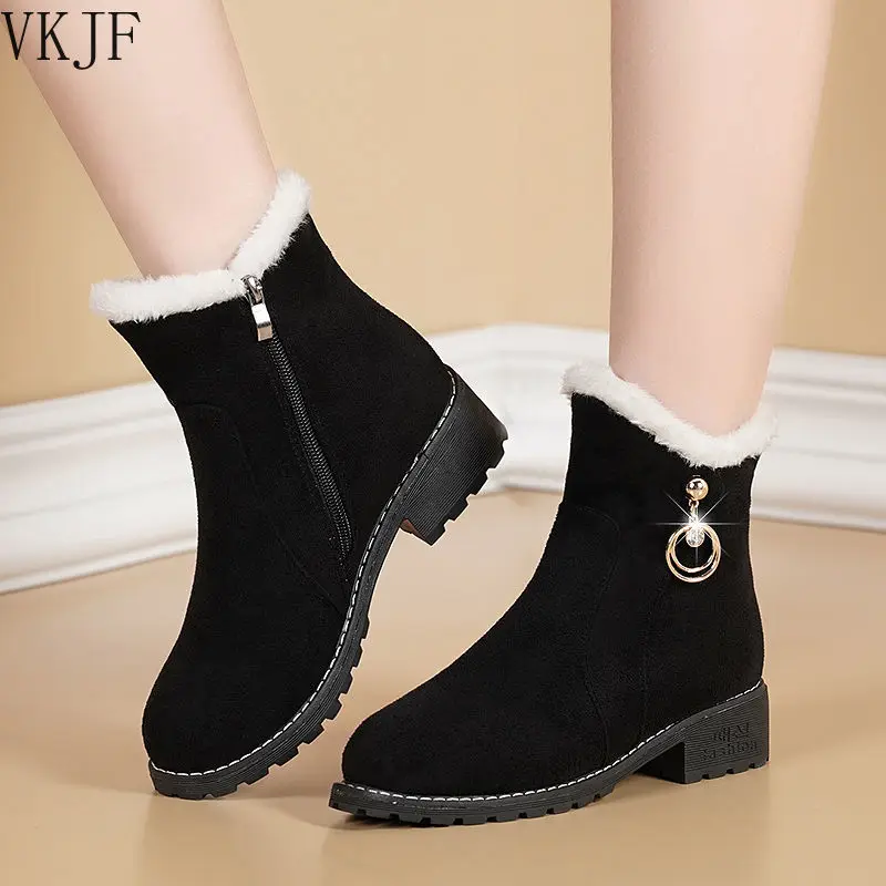 

2021 New Women Boots Winter Outdoor Keep Warm Fur Boots Waterproof Women's Snow Boots Thick Heel with Round Head Short Boot