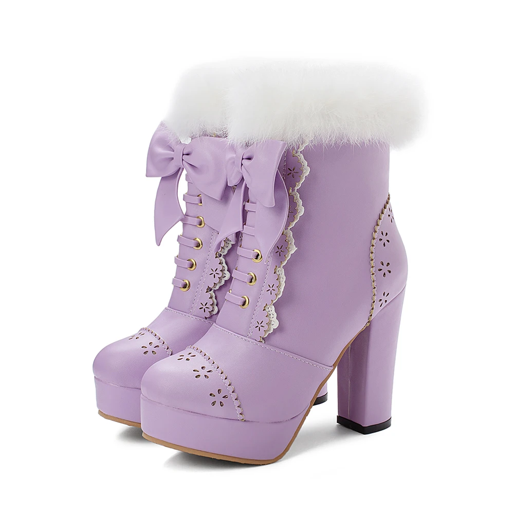 Purple Thick Lining Г. Новые Брендовые женские ботильоны на платформе с милым мехом черного и фиолетового цвета школьная женская обувь на высоком каблуке Большие размеры 10, 43, 45, 48, LA259 - Цвет: Purple Thick Lining