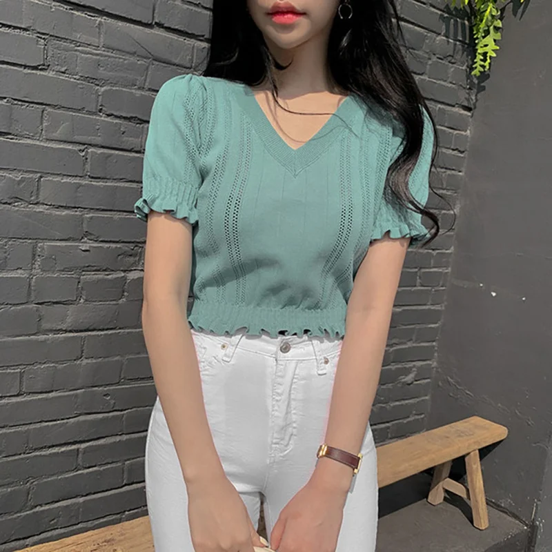 

Women V-neck Ruffled T-shirt Summer Knitting Crop Tops Women Fashion Short Sleeve T-shirts