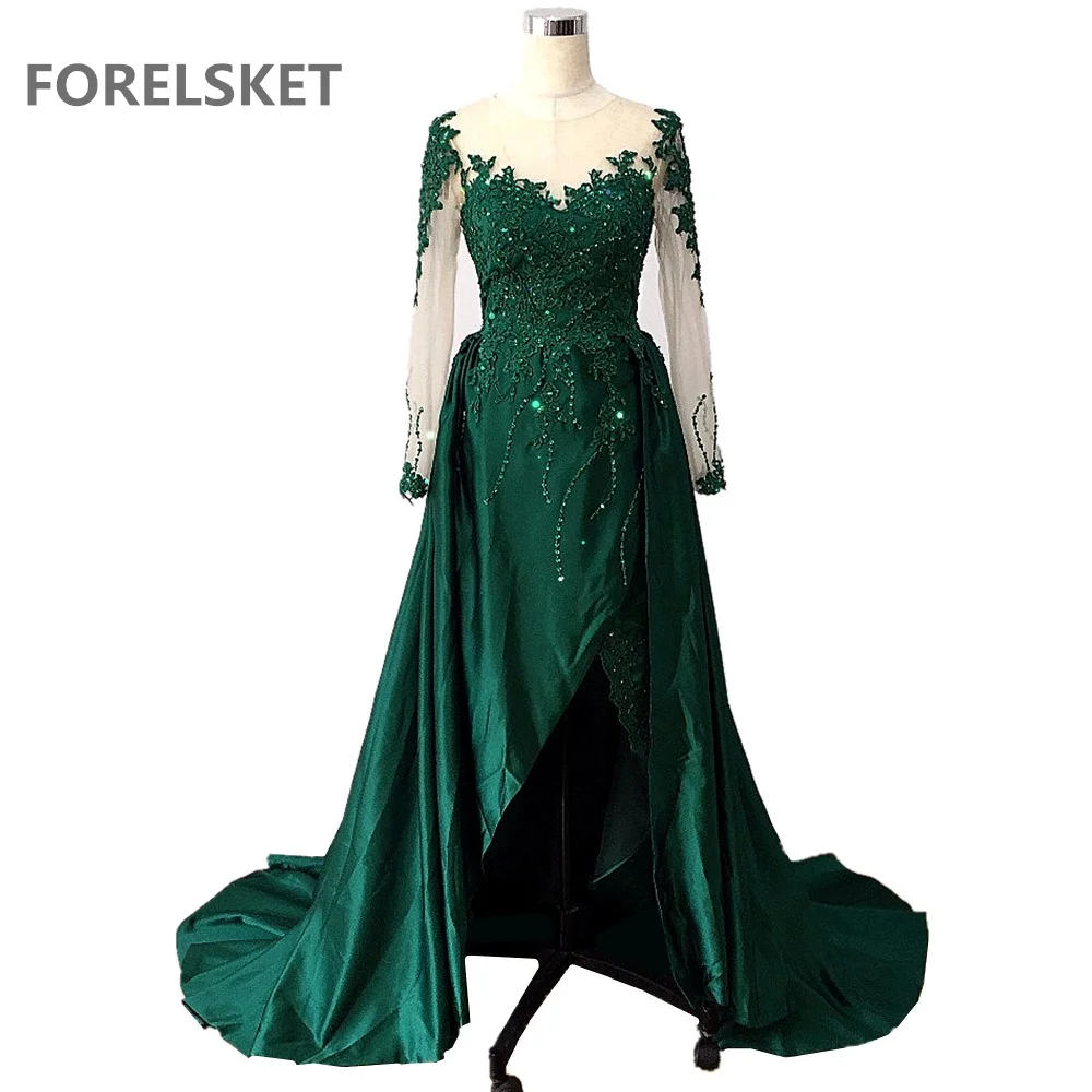 

Muslim Split Green Lace Dubai Sequined Evening party Gowns 2020 Asymmetrical Long Sleeves Beaded Appliques Satin Prom Dresses