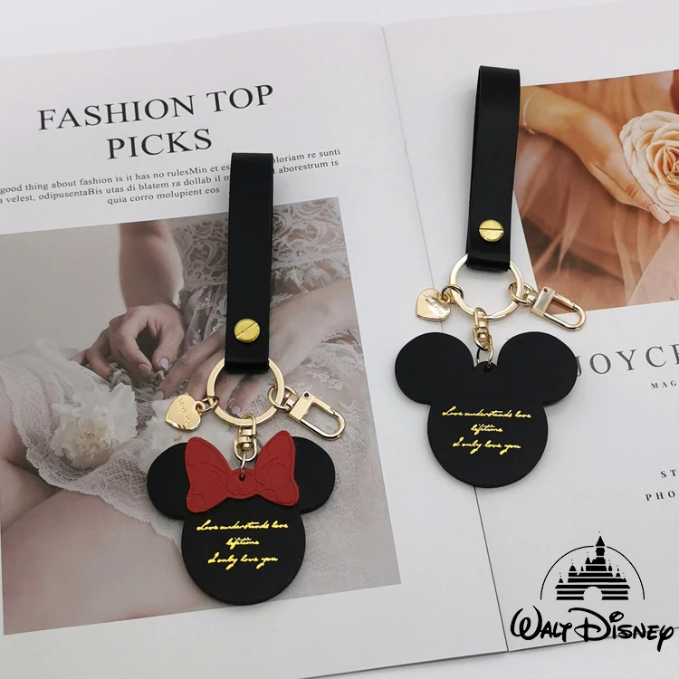 

Disney Hot Brown Birthday Blessing Pattern Leather Keychain Luxury PU Mickey Minnie Circle Buckle Auto Car Key Chains Gift