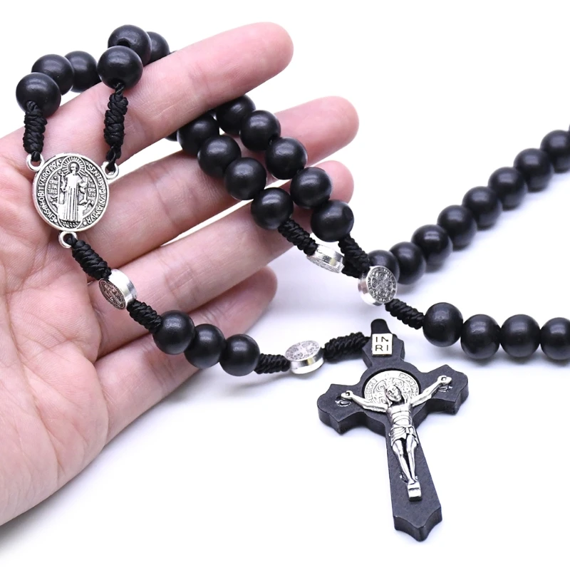 

Black Wooden Christ Jesus Cross Religious Necklace Catholic Rosary Necklace Church Souvenirs Prayer Pendant Necklace