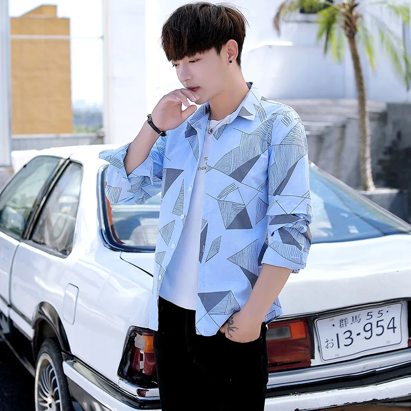 

2021 New Young Men Long-sleeved Casual Shirt Fashion Lapel High Street Print Shirts Man Tops