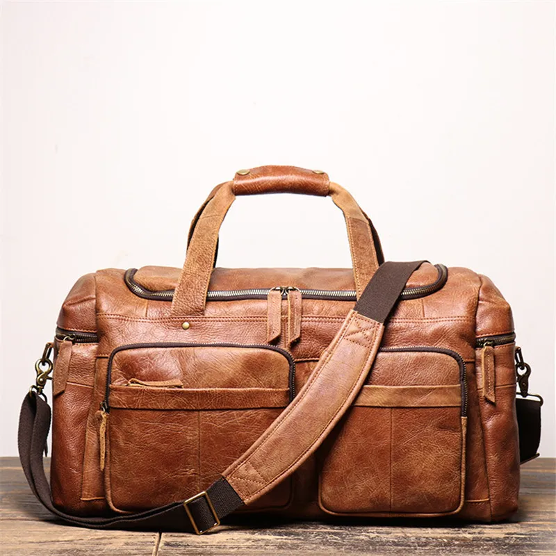 POOLOOS New Large Capacity Vintage Brown Coffee Genuine Leather Business Men Travel Bags Cowhide Duffle Bag M1419