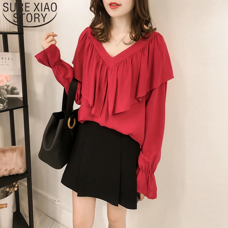 

Блузка женская с длинным рукавом, V-образным вырезом и оборками, Свободный Топ в Корейском стиле, 2020 50, большие размеры 4XL, весна 8950