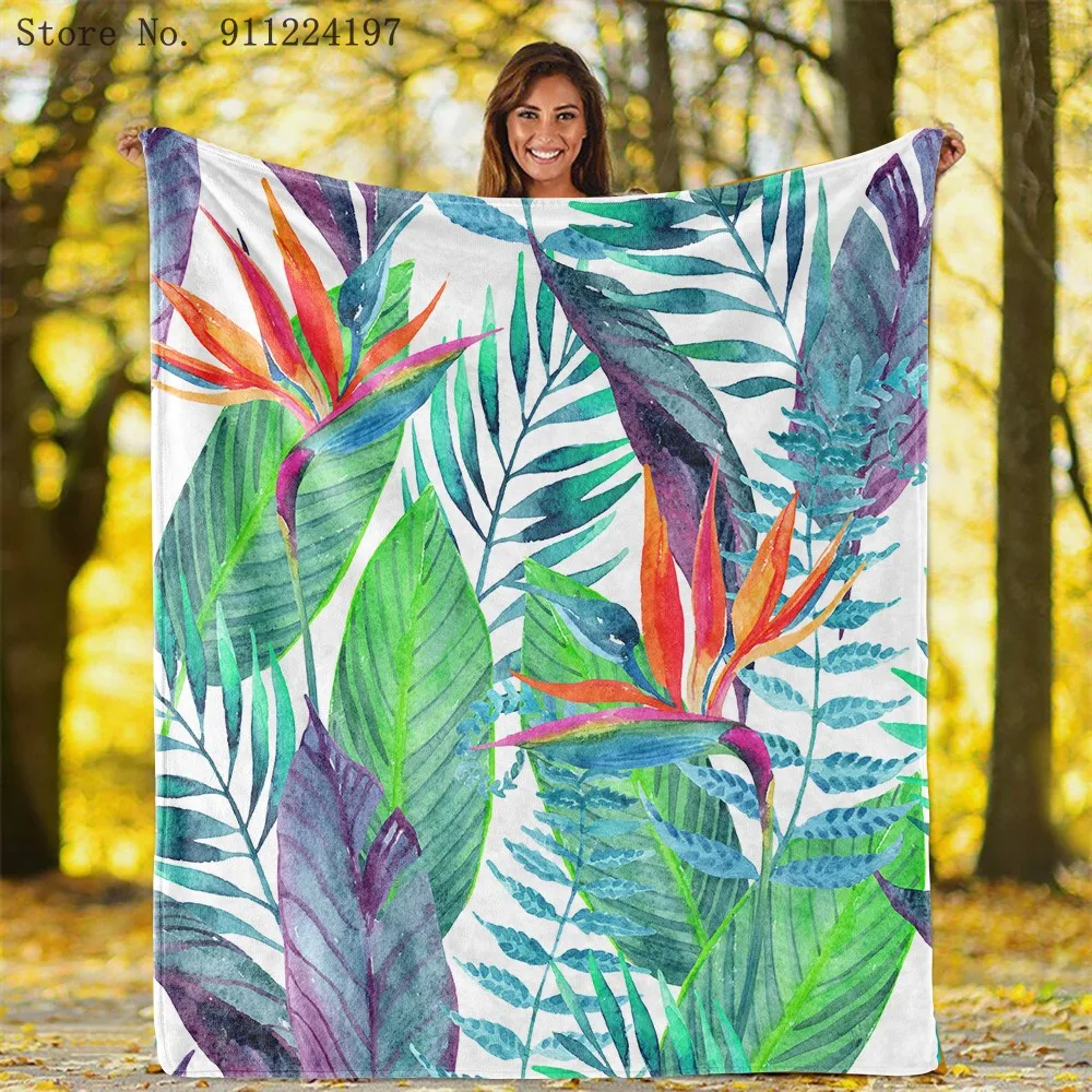 

Green Plants Printing Flannel Blanket Warm Super Soft Sherpa Blue Leaves Bedspread Sofa TV Travel Bedding Plush Quilt Cover