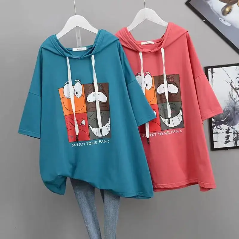 

Large Plus Size Summer Short Women Tees Summer Mid-Length Long Loose Cotton Comfort T Shirt Lady Tops With Sleeve Female Hooded
