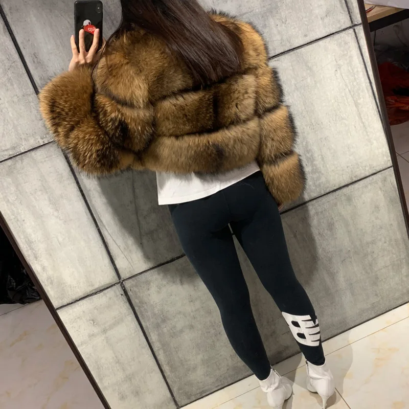 

natural women raccoon real fur coat long sleeve