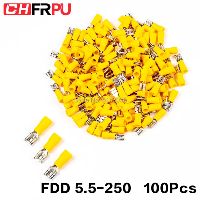 100 шт. 6,3 мм 12-10AWG FDFD/FDD/MDD 5,5-250 Женский Мужской изолированный Электрический обжим терминал для 4-6mm2 кабельный провод разъем