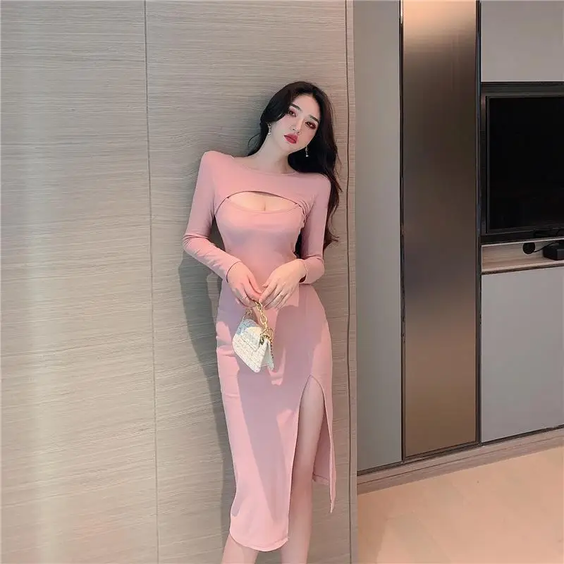 

Sexy Split Dress Women Solid Autumn Sexy Slim Party Midi Dress Female Casual Hollow Out Korean One-piece Dress Women 2020 New