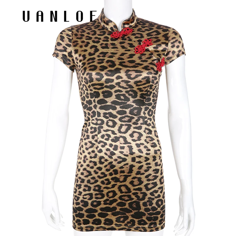 Сексуальное леопардовое платье Чонсам с коротким рукавом в китайском стиле