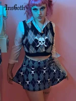 insgoth punk grunge skull print vest sets y2k streetwear sexy v neck sleeveless tops goth high waist a line mini skirt 2pcs suit